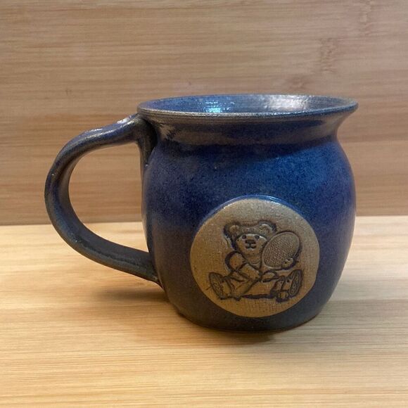 Handmade Pottery Blue Coffee Mug Cup with Teddy Bear Holding a Tennis Racket - Picture 1 of 13